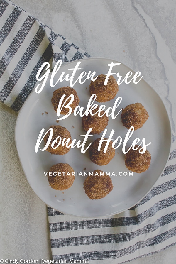 gluten free vegan donut holes on white plate with text overlay