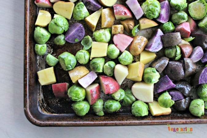 Roasted Potatoes and Brussel Sprouts @vegetarianmamma.com Getting Ready to Roast