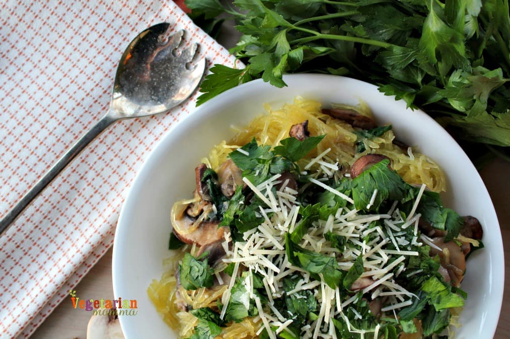 Mushroom Spaghetti Squash - the mushrooms bring a delicious earthy undertone. Vegan, Vegetarian