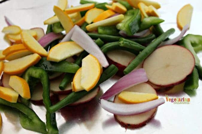 Chopped fresh squash, green beans, peppers, onions and potatoes