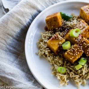 Sweet and Sour Tofu served in a white bowl.