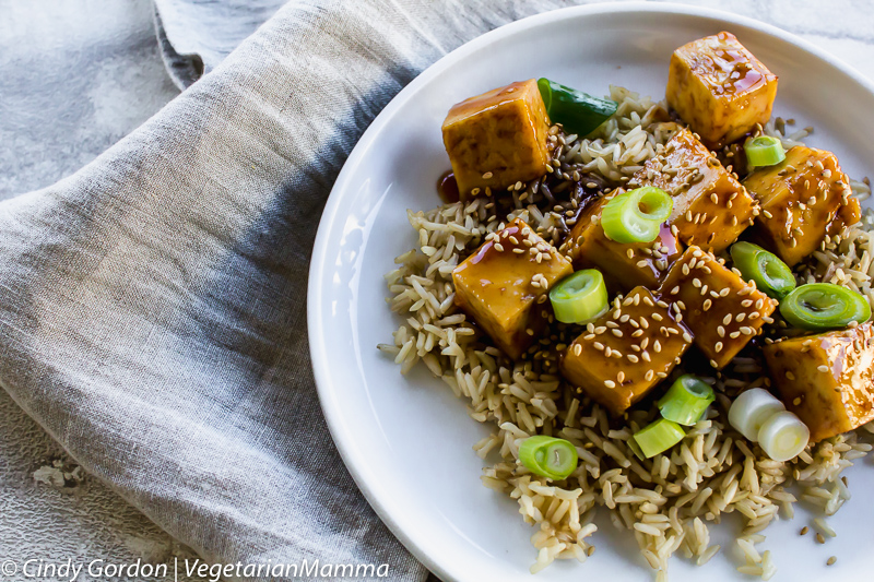 Sweet and Sour Tofu served in a white bowl.