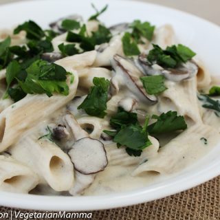 Gluten Free and Vegetarian Mushroom Alfredo Sauce with Penne