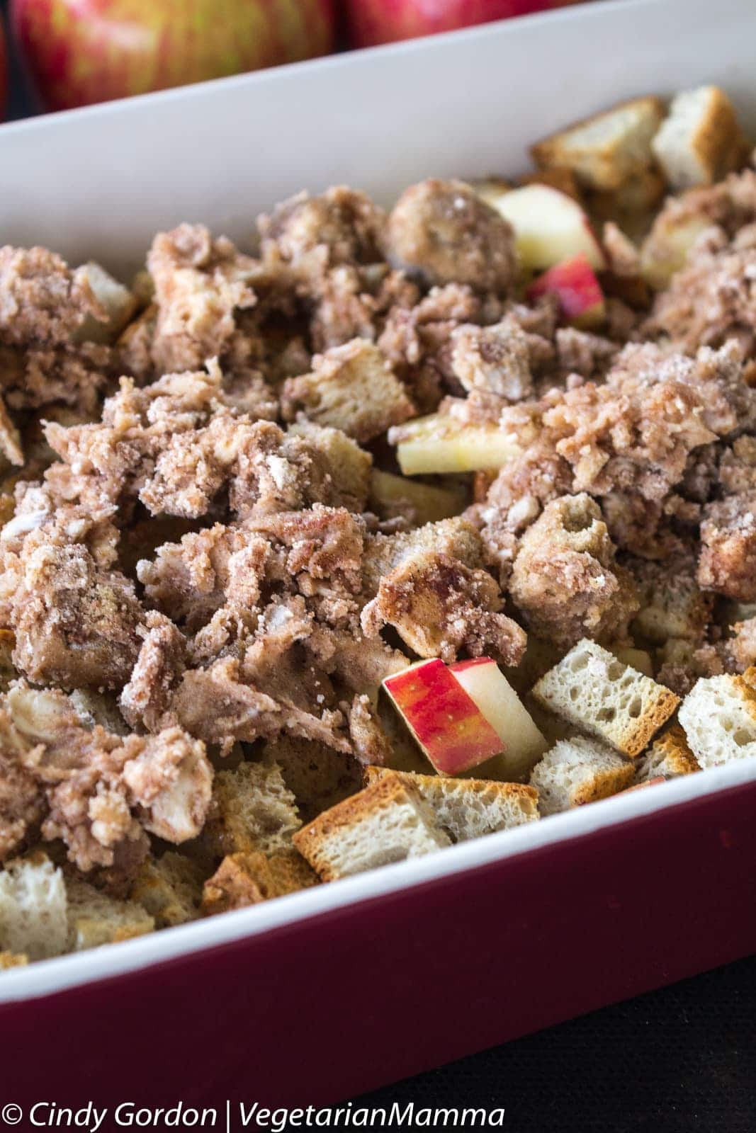 streusel topping sprinkled on top of french toast casserole