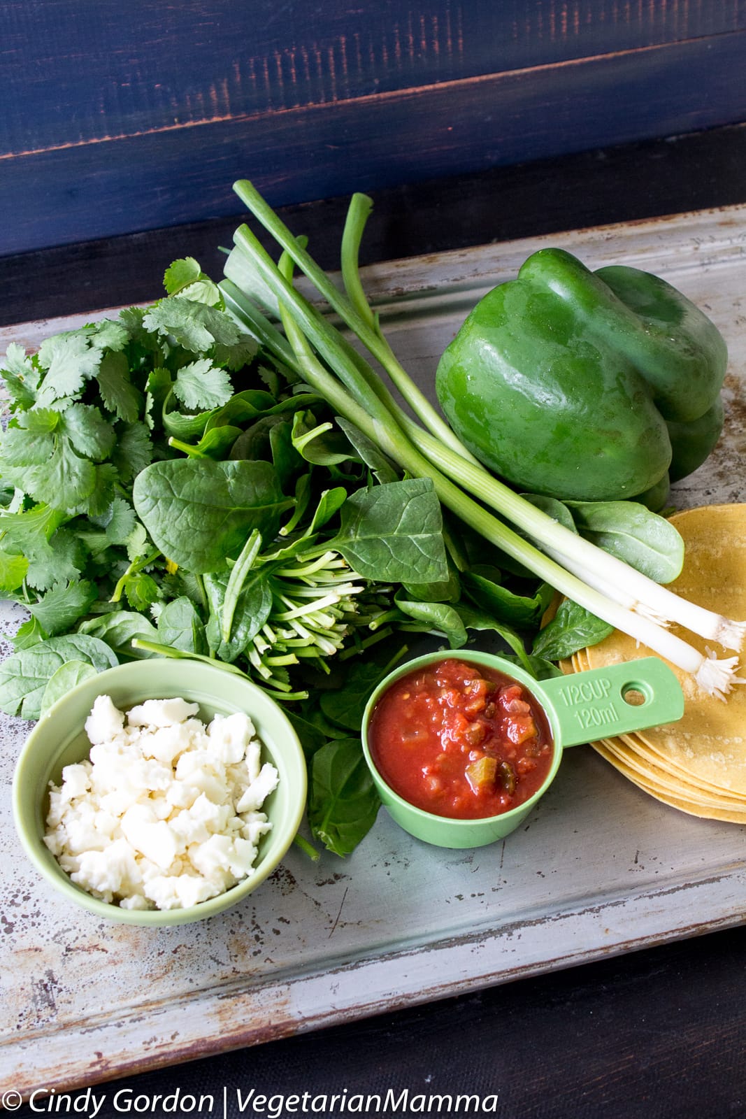 spinach, cilantro, green onions, bell pepper, crumbly white cheese, red salsa, and corn tortillas on a board