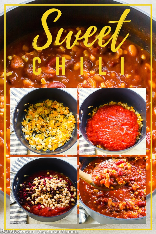 Love to warm up with a sweet chili? Try this game-day vegetarian chili on for size! It is a veg chili but hearty enough that your meat eating friends won't notice! #sweetchili #vegetarianrecipe