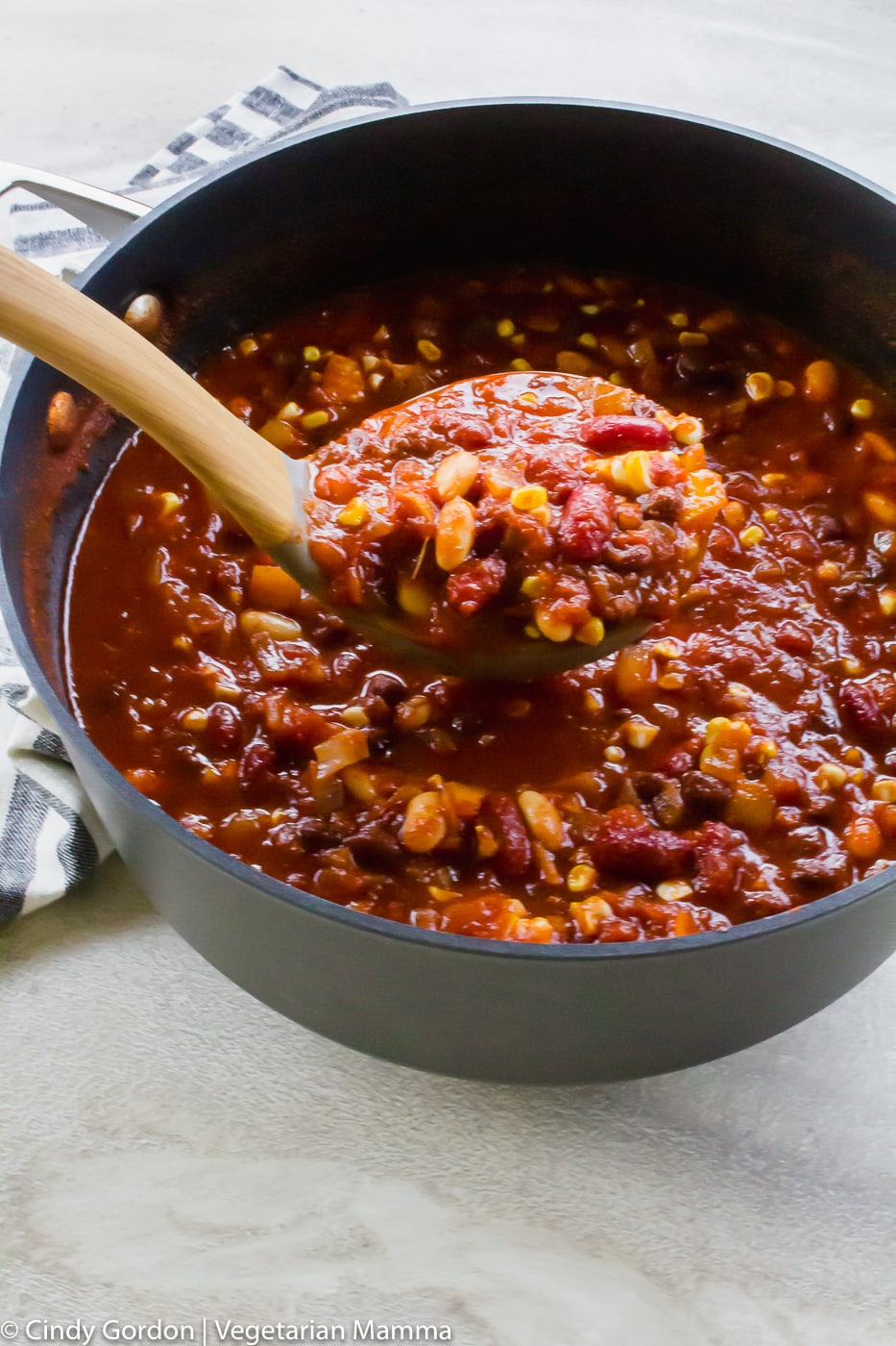 Vegetarian Sweet Chili with a ladle scooping some out