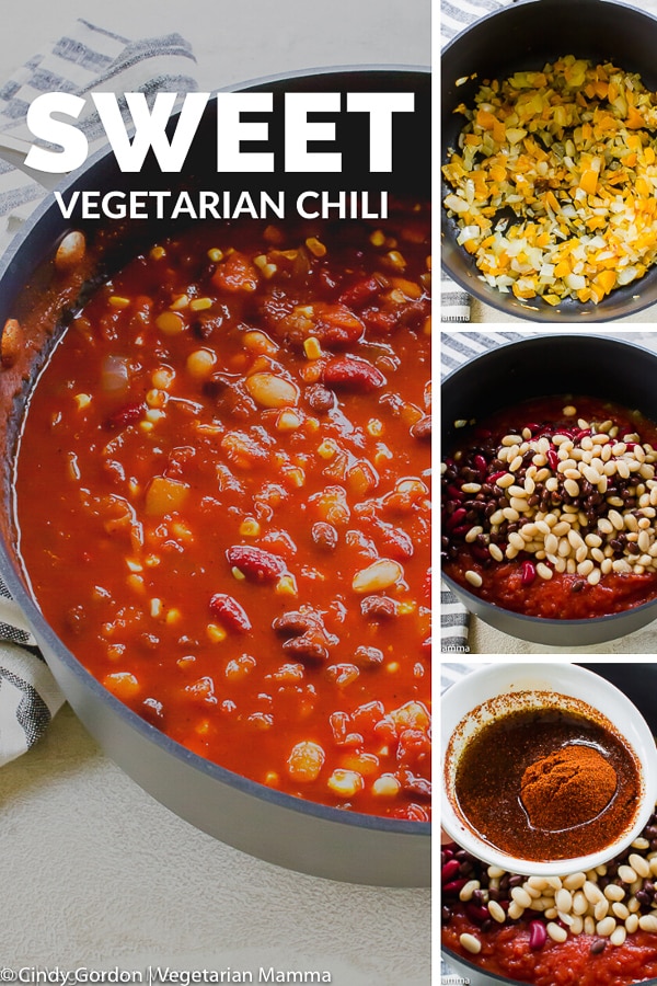 Love to warm up with a sweet chili? Try this game-day vegetarian chili on for size! It is a veg chili but hearty enough that your meat eating friends won't notice! #sweetchili #vegetarianchili