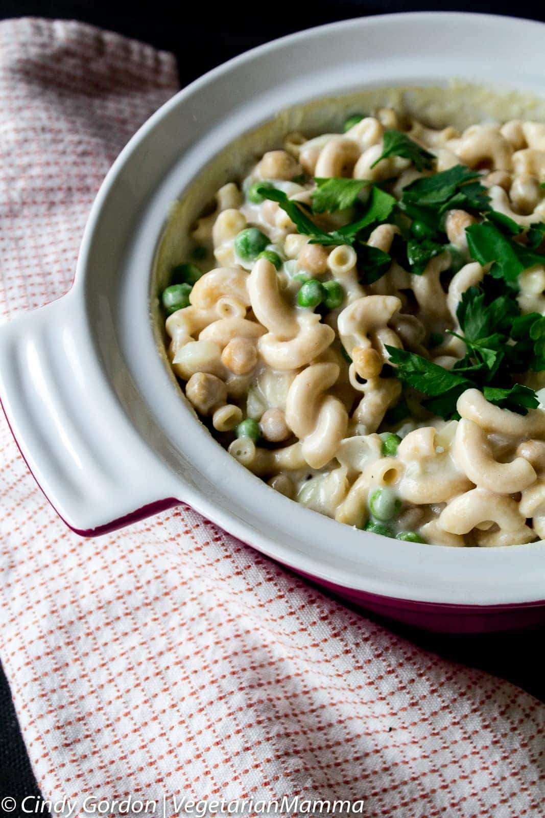 Vegetarian Tuna Casserole is served with chickpeas to make it hearty.