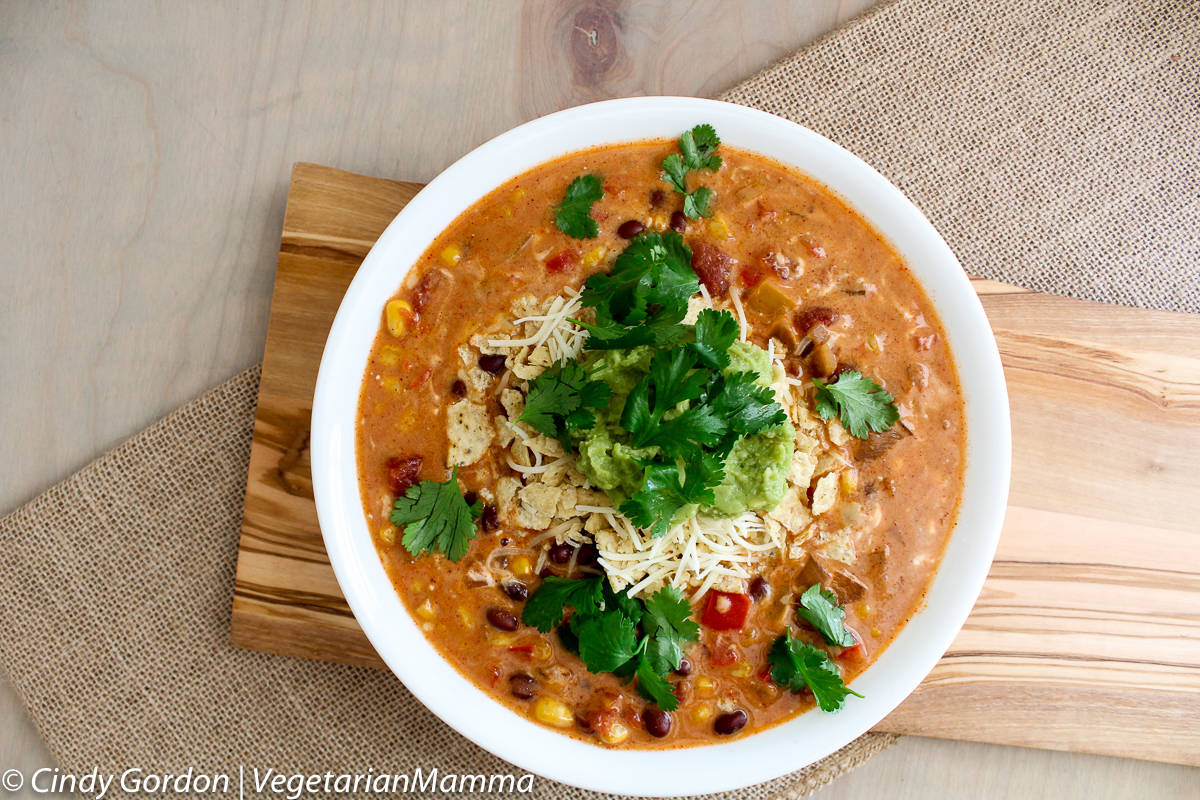 Bowl of Slowcooker Tex Mex Enchilada Chowder 