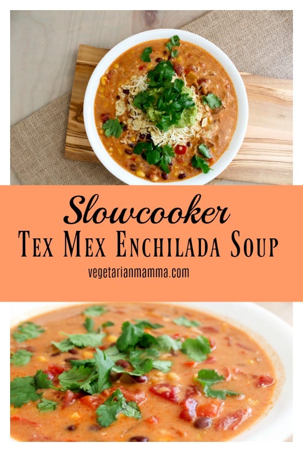 Crockpot Cheesy Enchilada Soup is a delicious soup that basically makes itself! Who doesn't love a slowcooker meal? This vegetarian slow cooker enchilada soup is sure to please! #soup #crockpot