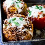 Instant Pot Stuffed Peppers inside of metal pan