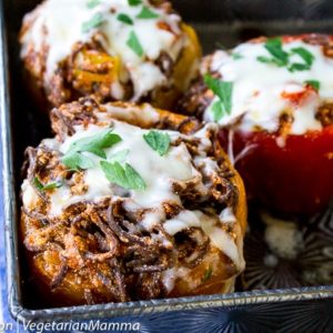 Instant Pot Stuffed Peppers inside of metal pan