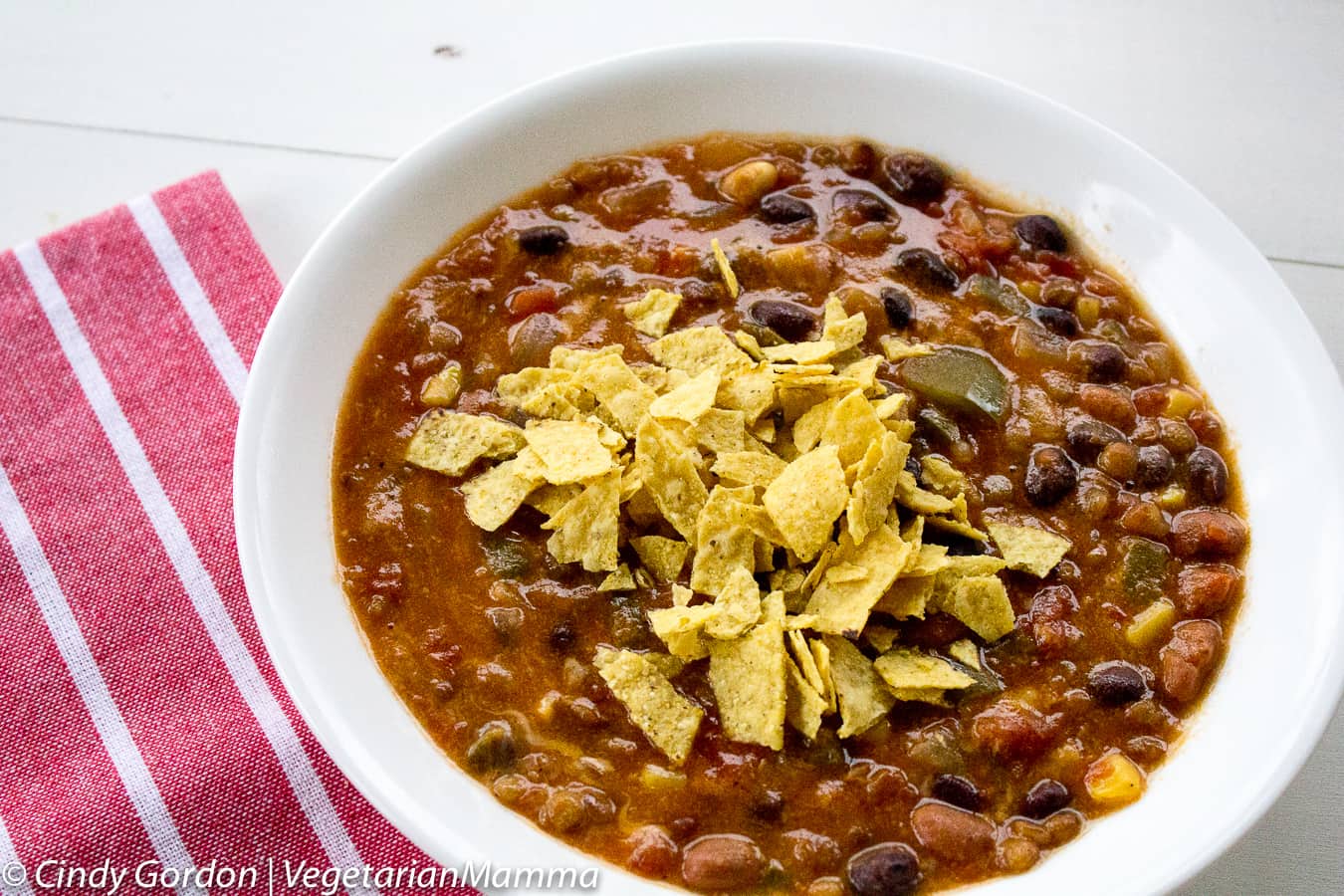 bowl of Instant Pot Taco Soup topped with tortilla chips