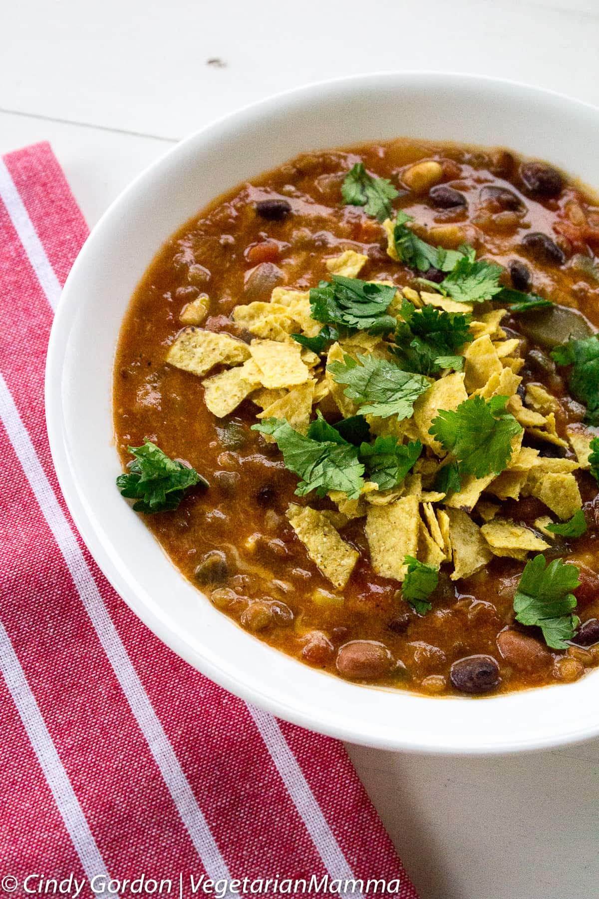 bowl of Instant Pot Taco Soup topped with tortilla chips and cilantro