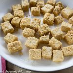 Kid Friendly Tofu Bites atop white plate followed by red and white striped cloth