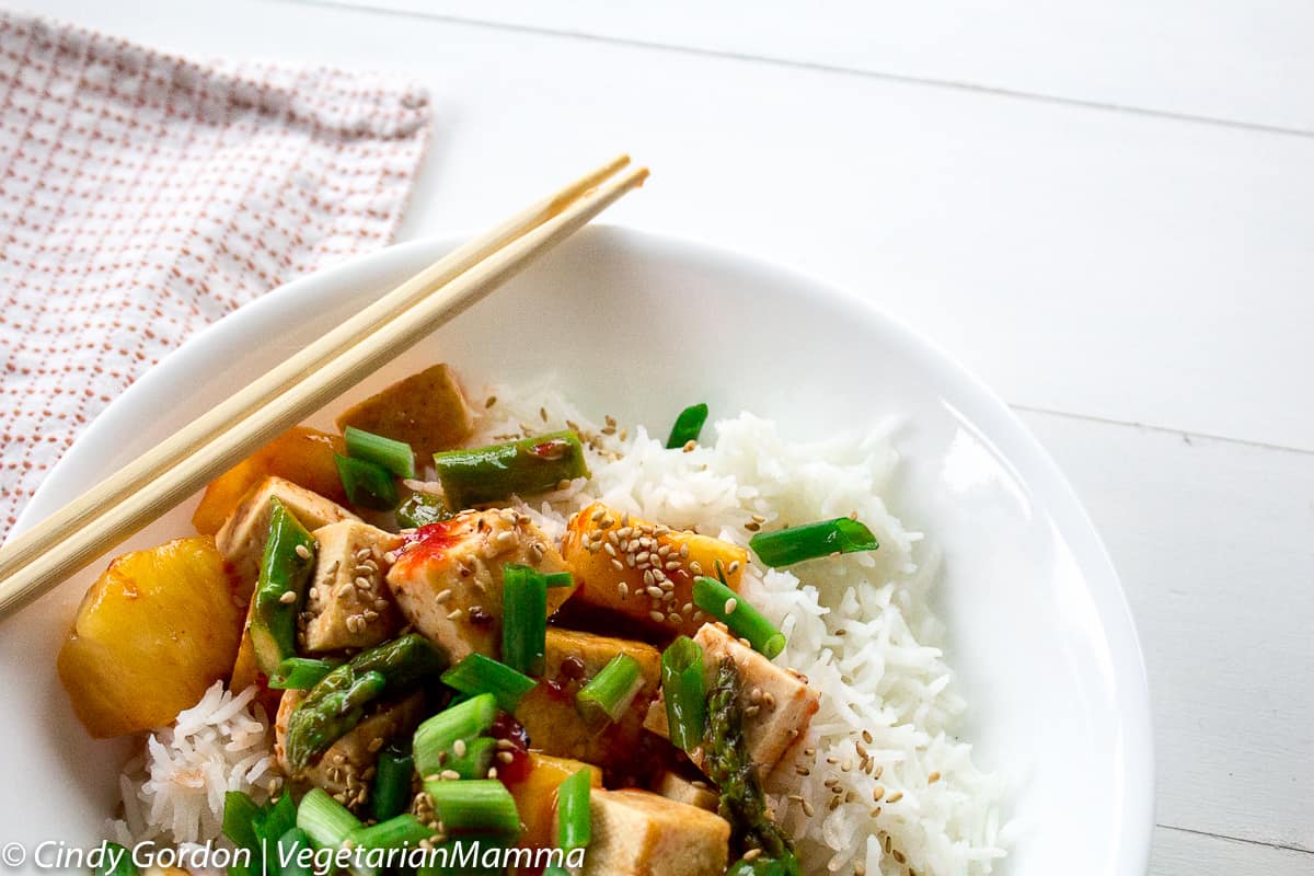 Sweet Thai Chili Tofu Bowl with Chopsticks