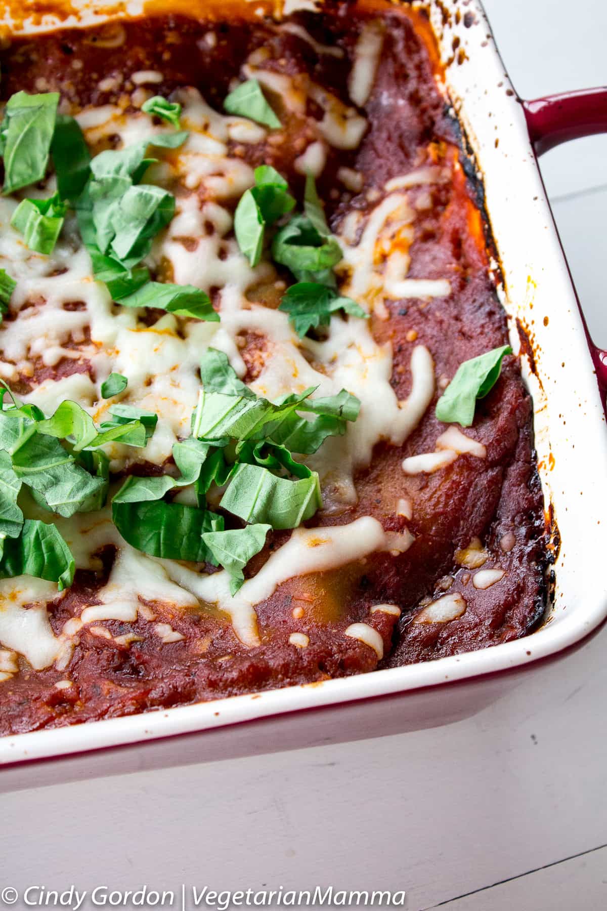 Casserole dish of spinach mushroom lasagna