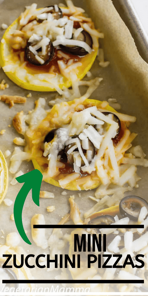 mini zucchini pizzas on a baking sheet with title overlayed at the bottom of image