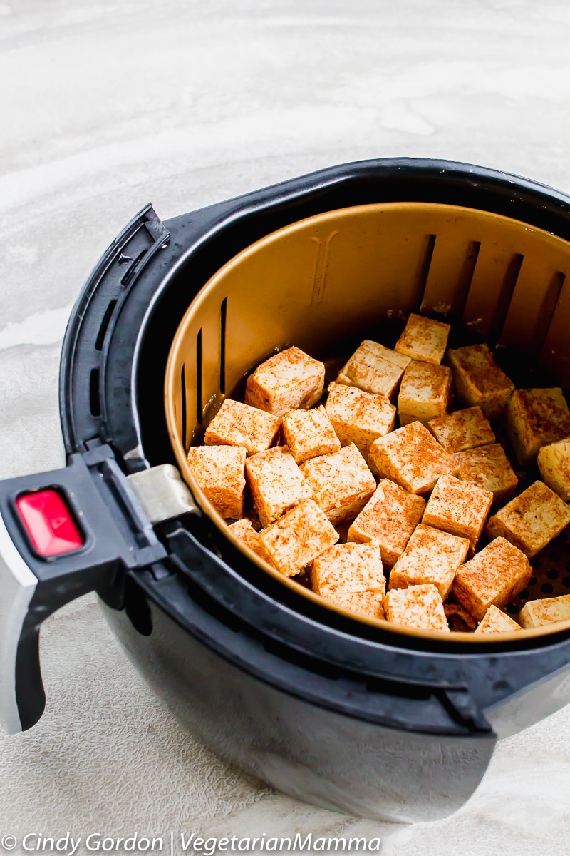 tofu cubes in an air fryer