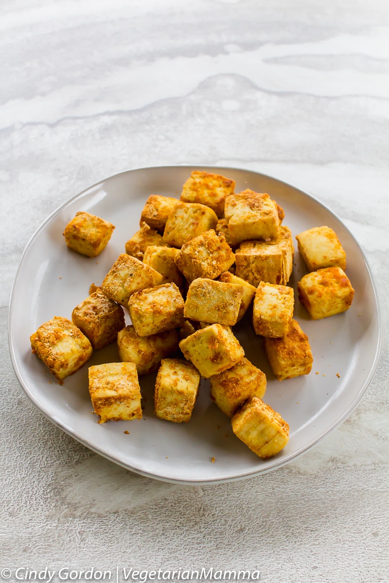 plate of Crispy Air Fryer Tofu cubes 