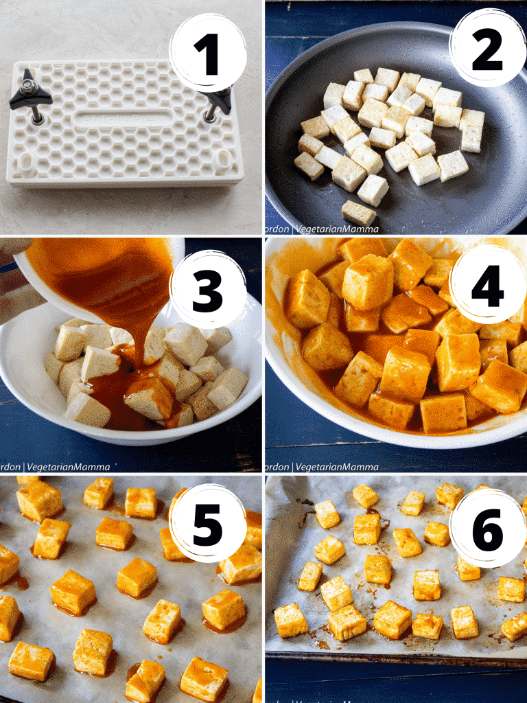 photo collage of six steps needed to make buffalo tofu bites