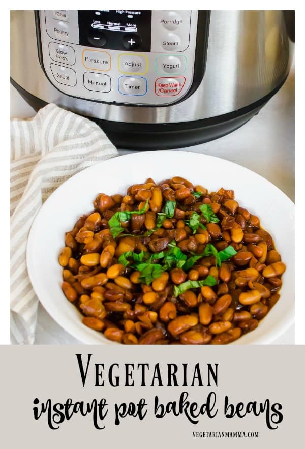 Vegetarian Gluten Free Instant Baked Beans in bowl with IP in background.