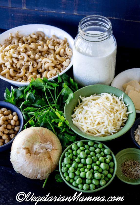 Ingredients of mock tuna casserole placed into individual green bowls.