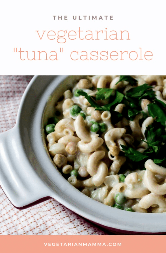 Mock Tuna Casserole served in a baking dish with parsley on top. via @vegetarian mamma