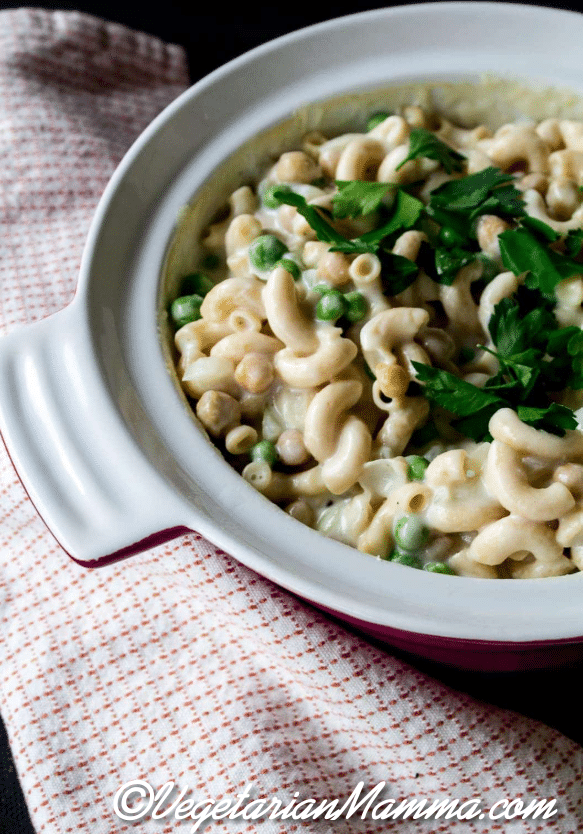 Vegetarian Tuna Casserole is served with chickpeas to make it hearty.