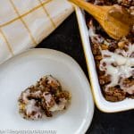 Cinnamon Roll French Toast Casserole in pan and on plate