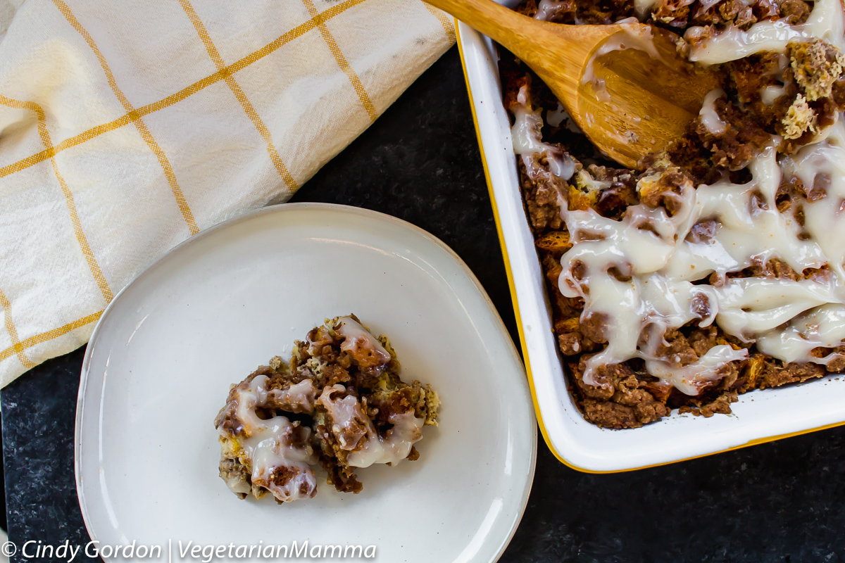 casserole of cinnamon french toast casserole and a serving on a plate