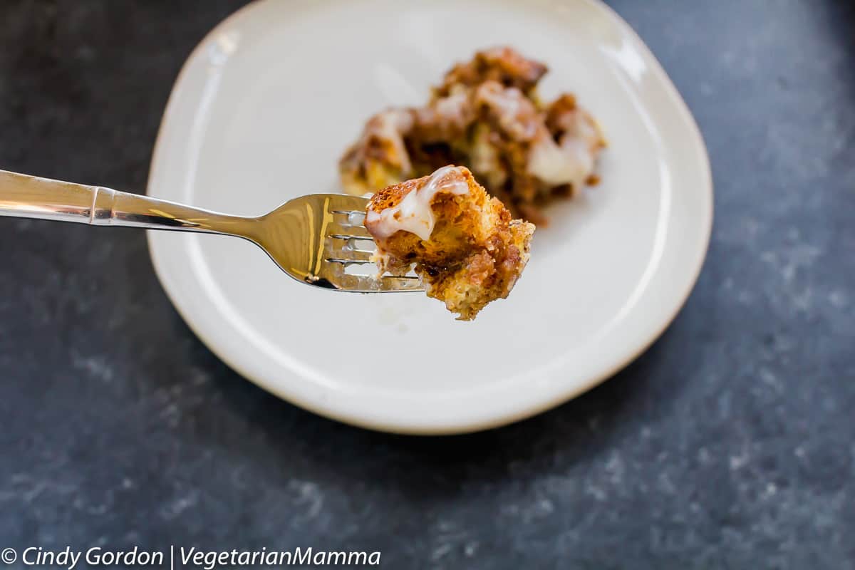 One bite of gluten free cinnamon roll french toast casserole.