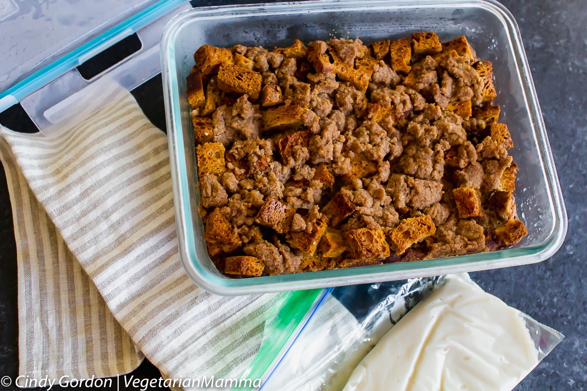 Make a freezer container of cinnamon roll french toast casserole.