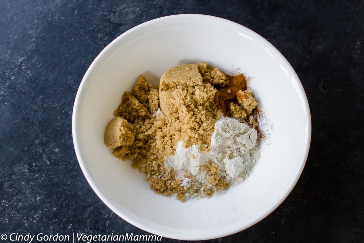 Dry ingredients of cinnamon roll french toast casserole.