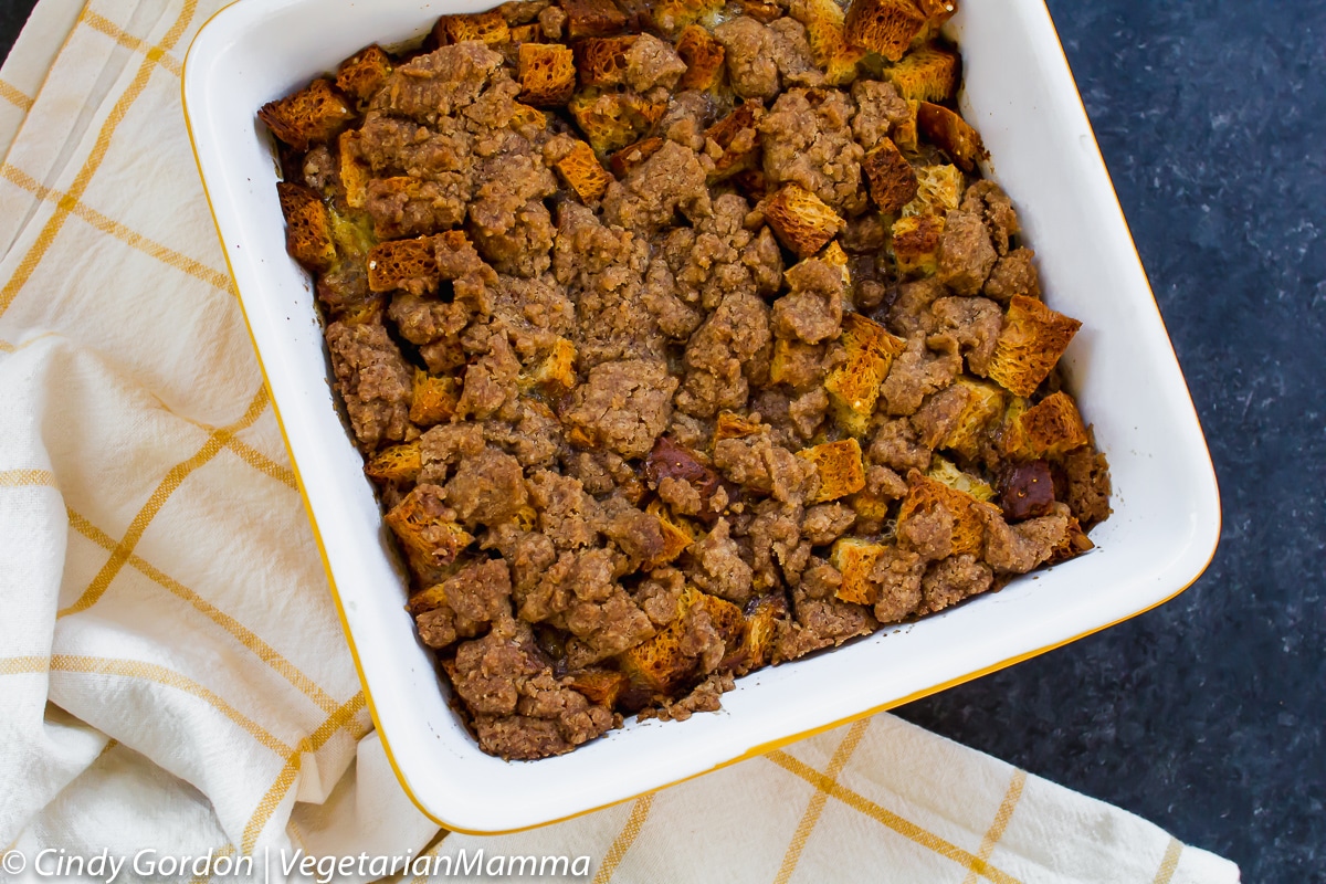 Picture of baked cinnamon roll french toast casserole without frosting.