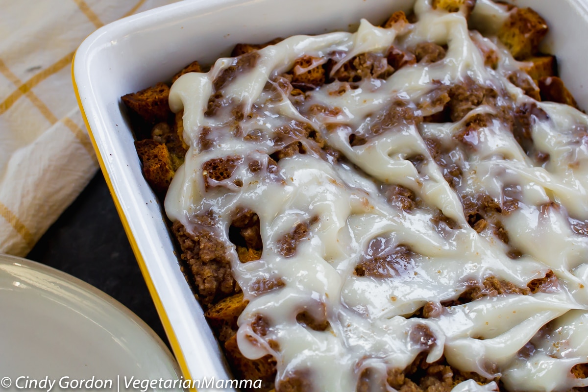 Cinnamon french toast casserol with frosting on top