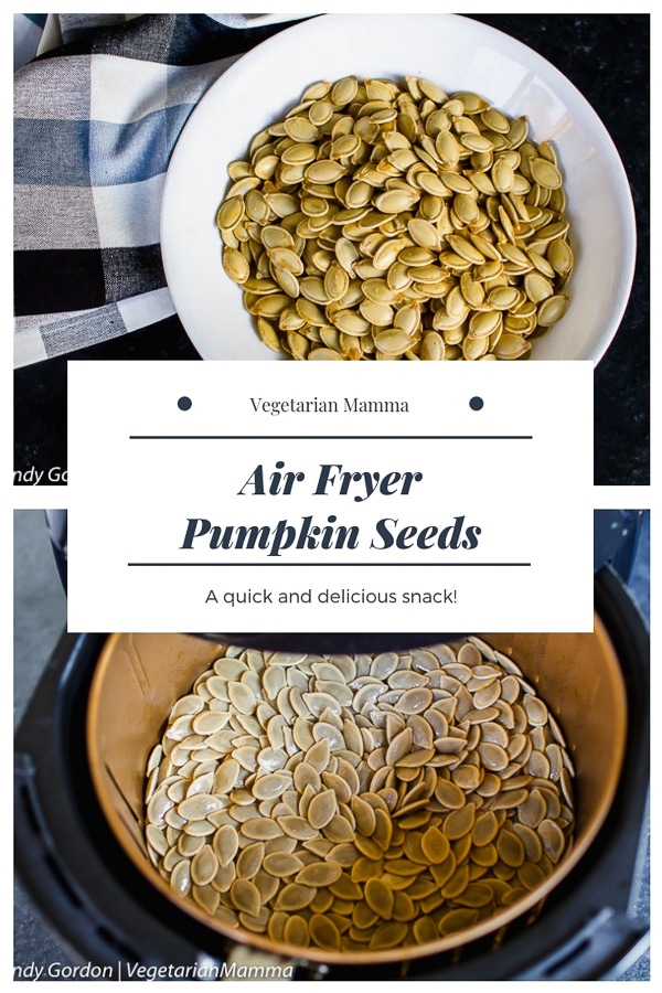 a bowl of roasted pumpkin seeds on a checkered towel. 