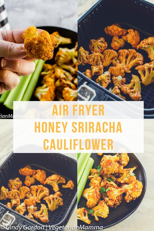 Air Fryer Honey Sriracha Cauliflower is a delicious spicy air fryer recipe topped off with a sweet and spicy Sriracha sauce. This vegetarian air fryer recipe is a winner for game day! #airfryer #airfryerrecipes #airfryercauliflower