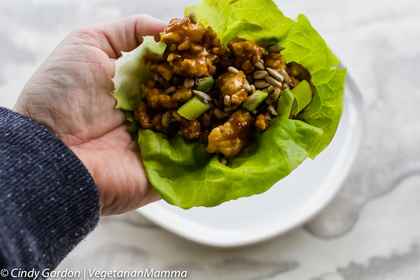 hand holding a vegetarian Thai Lettuce Wrap