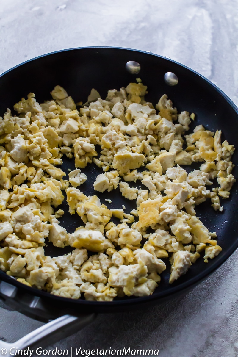 cooked tofu in skillet for Thai Lettuce Wraps