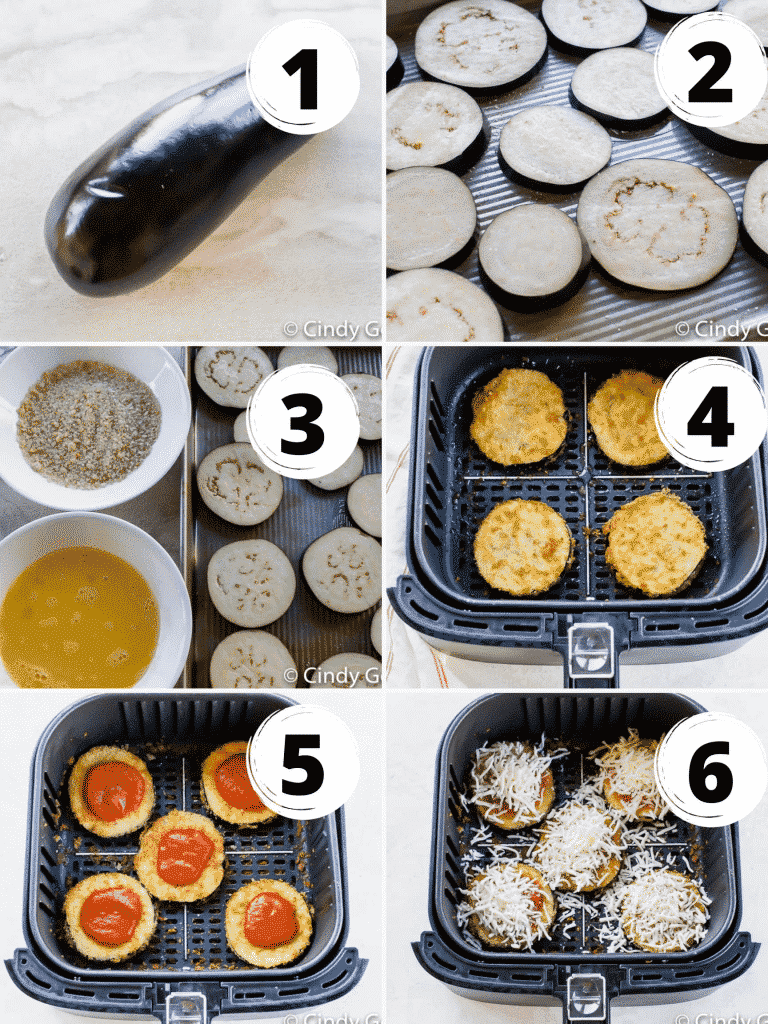 Photo collage of six steps needed to make air fryer eggplant parmesan