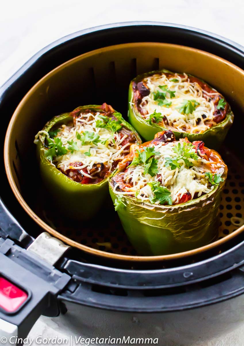 Air Fryer Stuffed Peppers (Vegetarian) pictured in basket