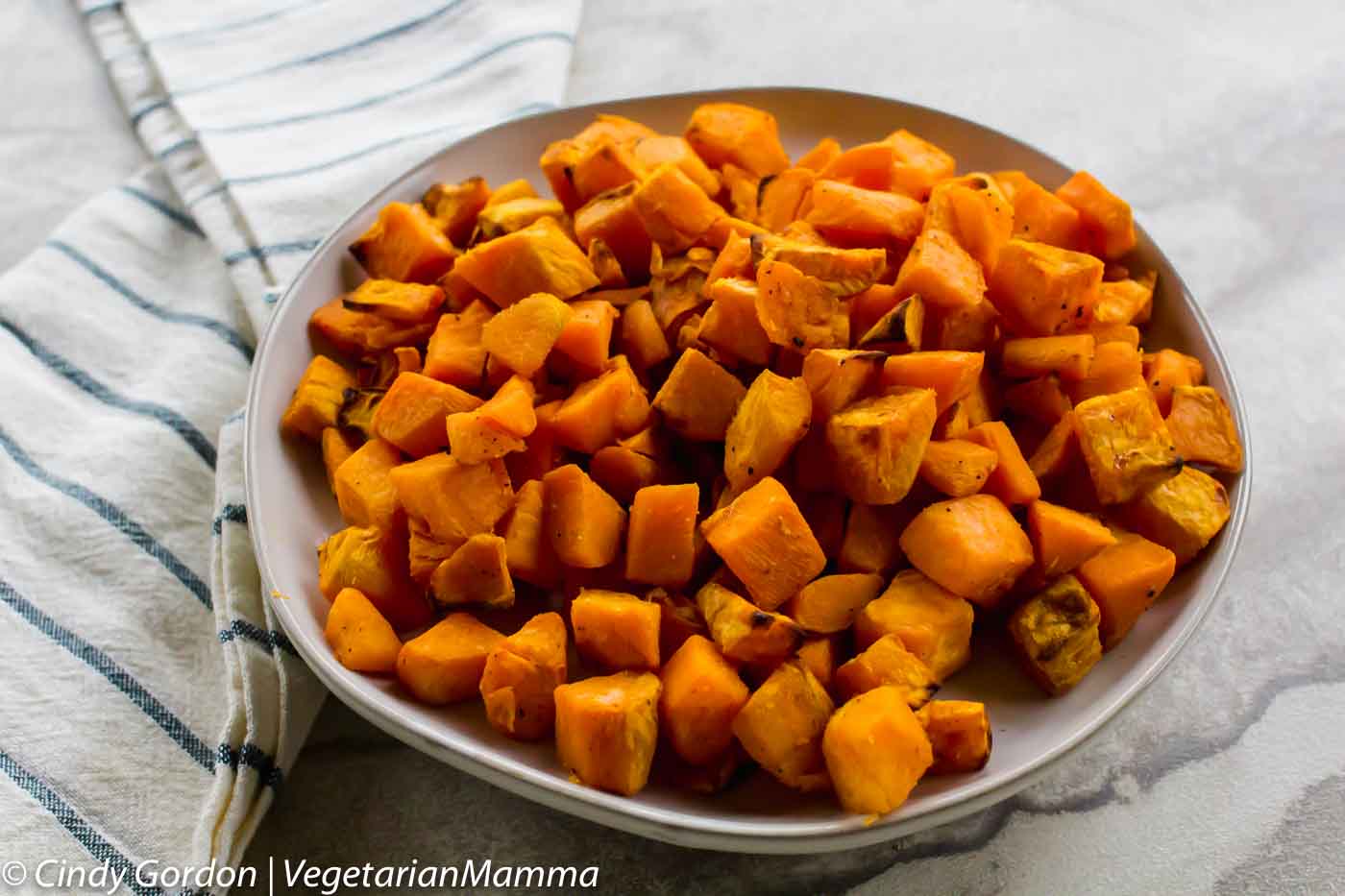 roasted cubed sweet potatoes in a bowl