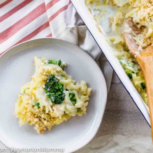 Overhead view of casserole with spoon sticking into casserole