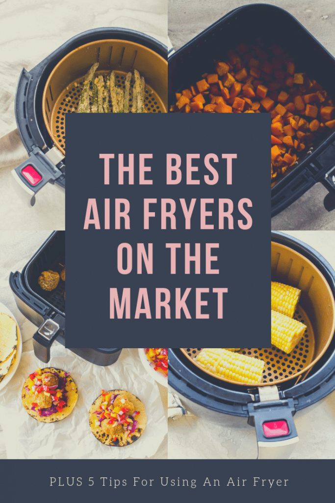 Pinterest graphic with a collage of air fryer basket pictures