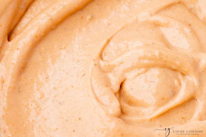 closeup view of creamy pink bbq ranch dip