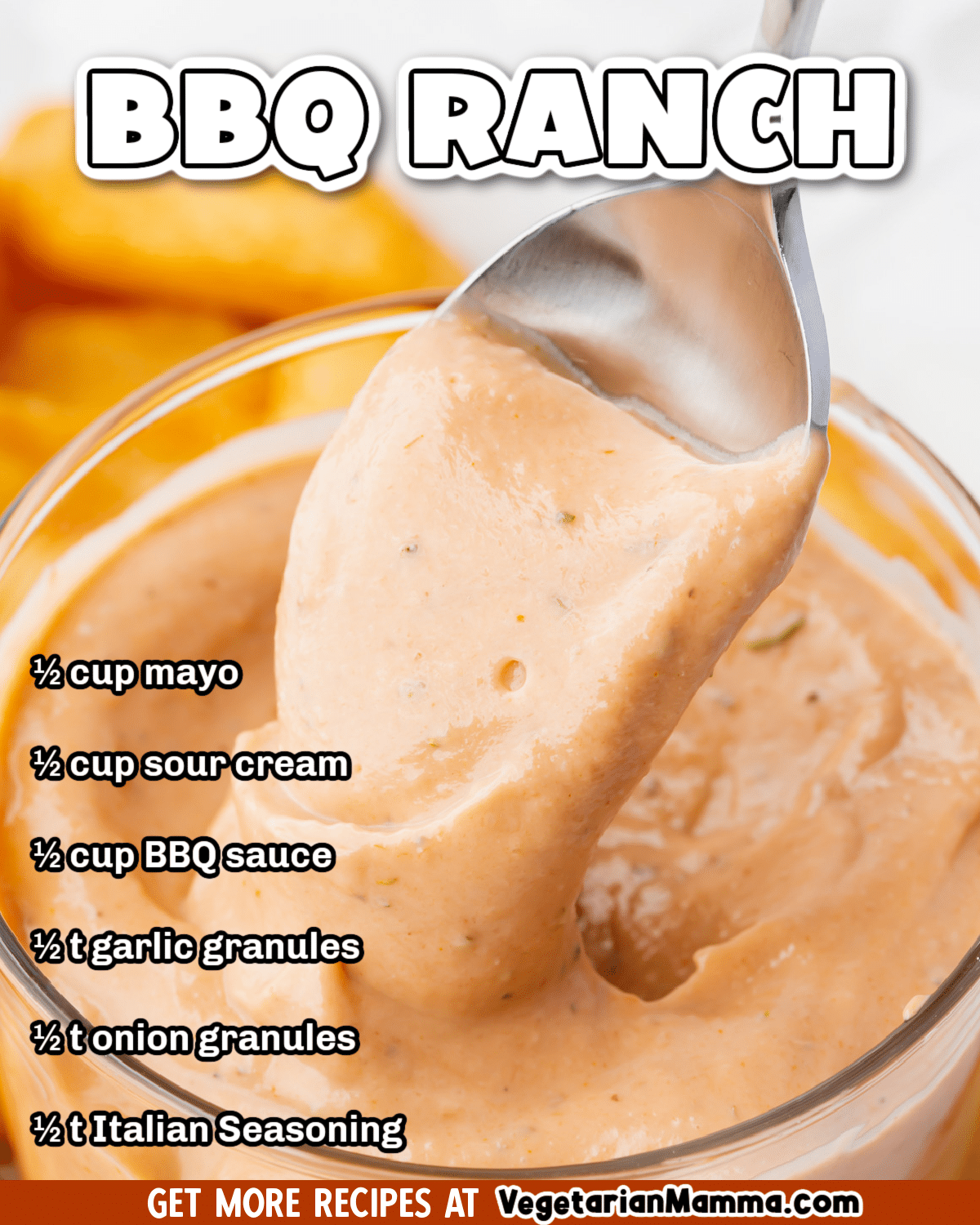 a spoon dipping into creamy pink dip. Text overlay says "bbq ranch"