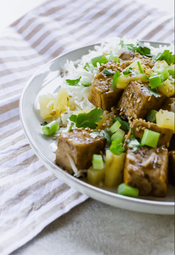 easy tofu recipe with pineapple over a bed of rice.
