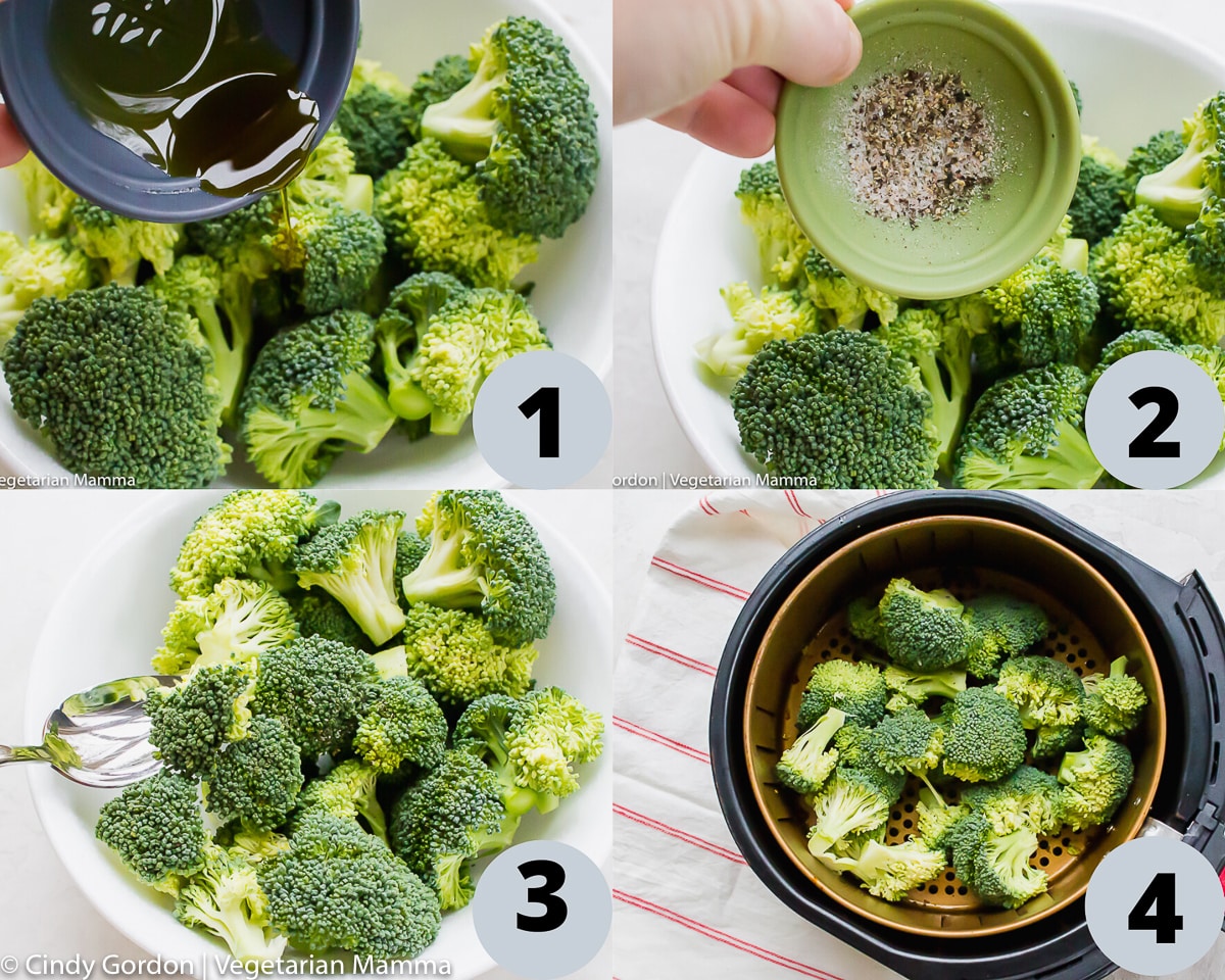 4 picture collage with step by step visual directions on how to make air fryer broccoli